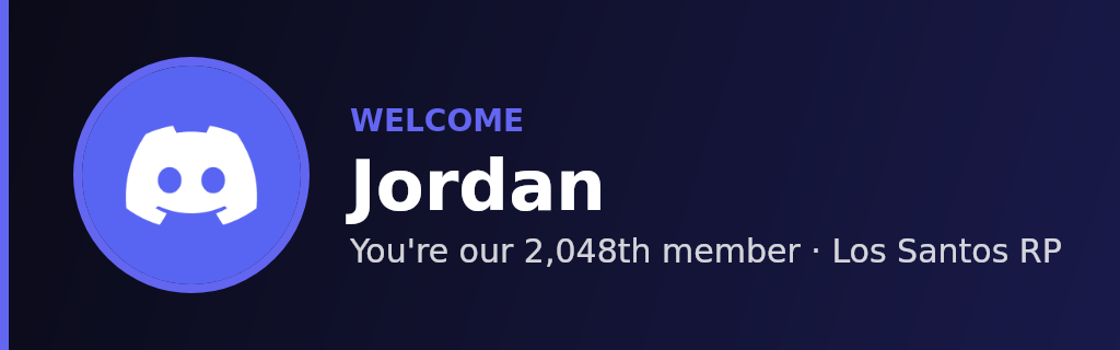 Example FiveBot welcome card showing a member's avatar, name and member number